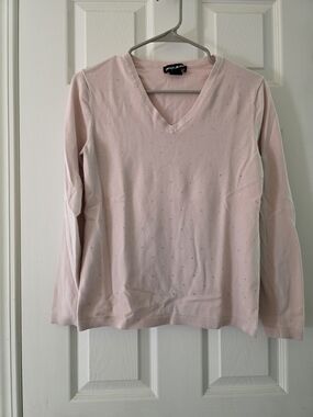 DKNY Light Pink V-Neck Long Sleeve Top with Rhinestone Detail